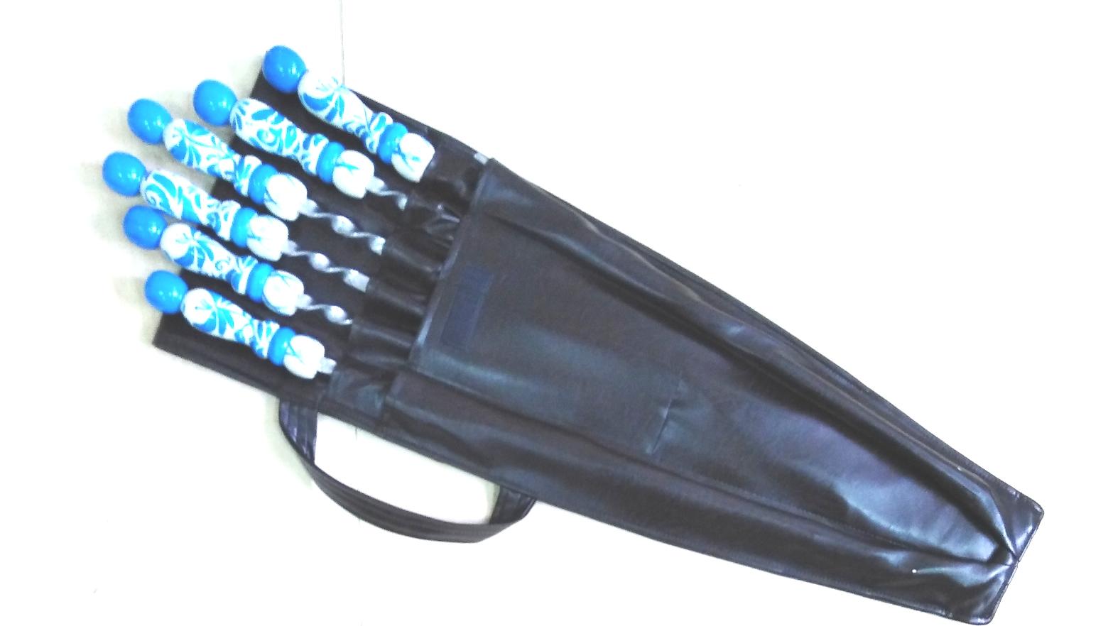 Набор шампуров с деревянной ручкой в кожаном чехле (синяя художественная роспись)  (6 штук)